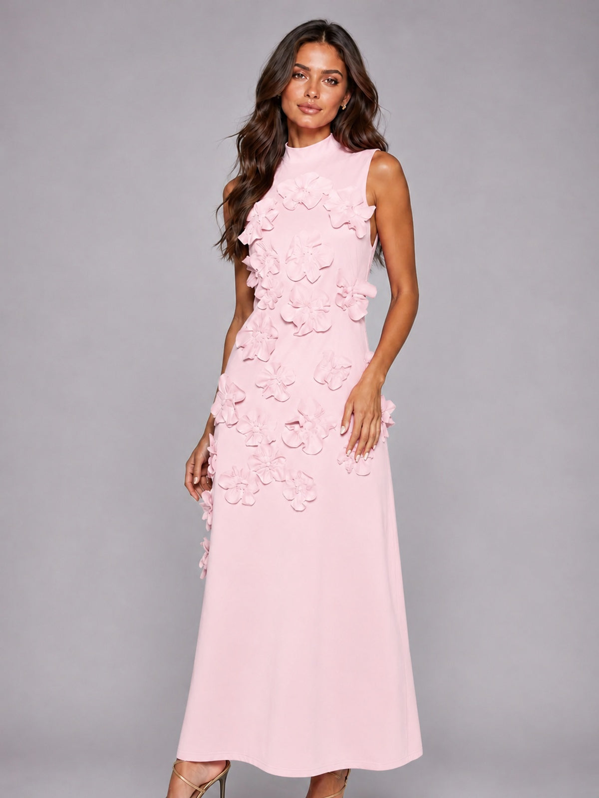 3D Floral Applique High Neck Prom Maxi Dress