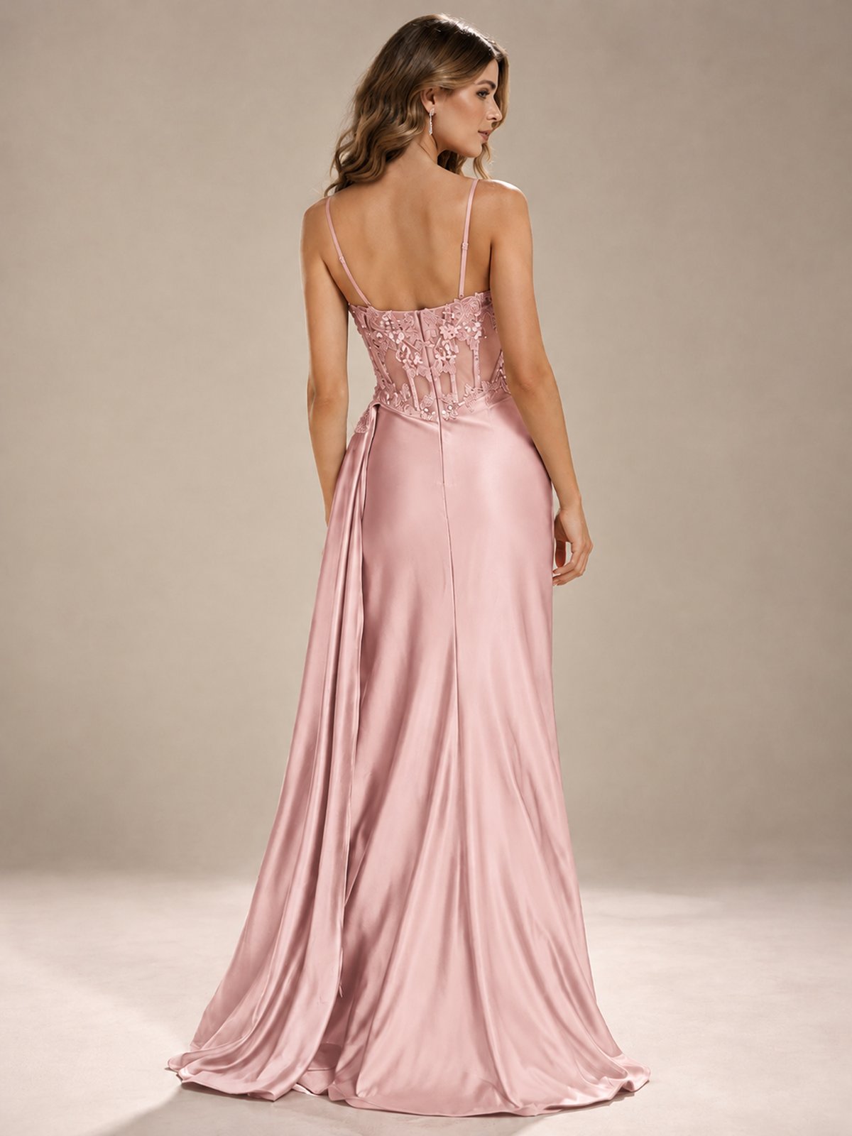 Mermaid Satin Prom Dress with Floral Appliqué Corset and High Slit