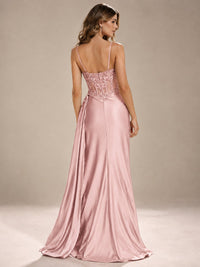 Mermaid Satin Prom Dress with Floral Appliqué Corset and High Slit