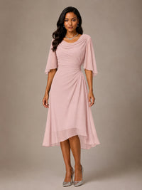 Cowl Neck Ruched Chiffon Mother of the Bride Dresses with Flutter Sleeves