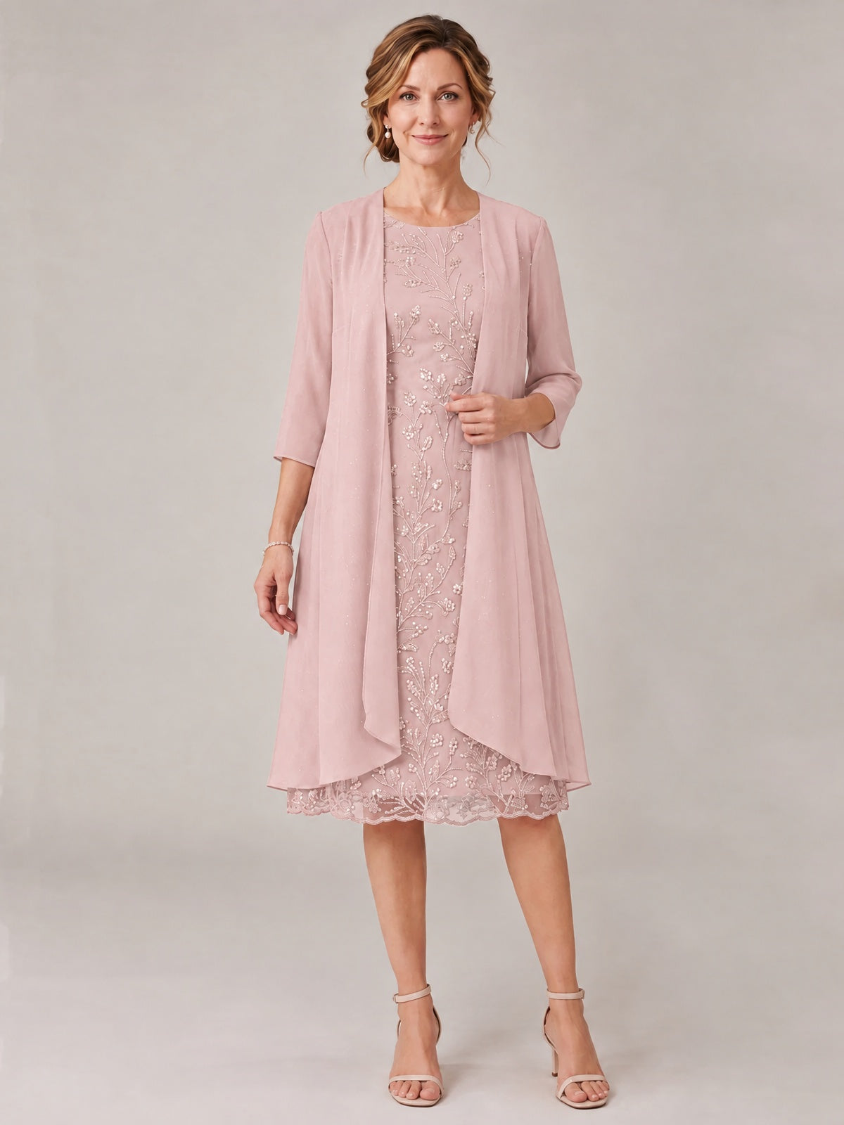 Blush Pink-2 Piece Lace Appliques Chiffon Mother of The Bride Dress with Sequin