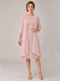 Blush Pink-2 Piece Lace Appliques Chiffon Mother of The Bride Dress with Sequin