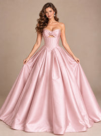 Pink Strapless Corset Satin Prom Derss & Ball Gown with 3D Floral
