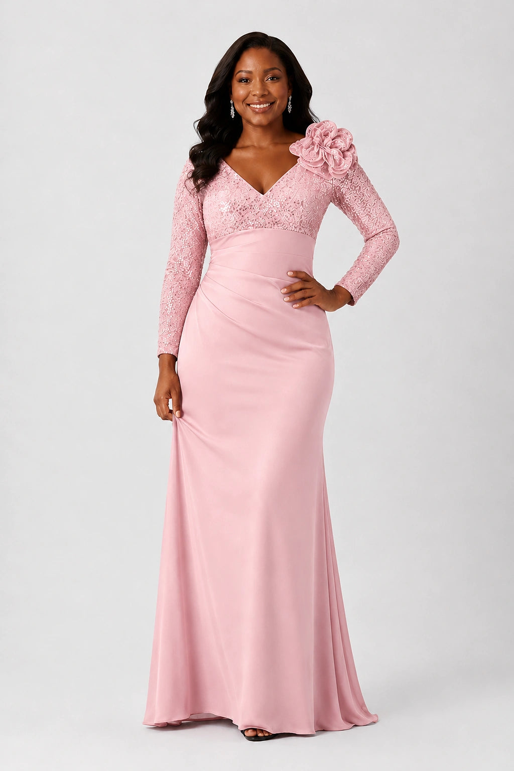 Sequin Mother of the Bride Dress with Long Sleeves 3D Floral V-Neck Gown
