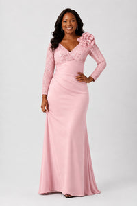 Sequin Mother of the Bride Dress with Long Sleeves 3D Floral V-Neck Gown
