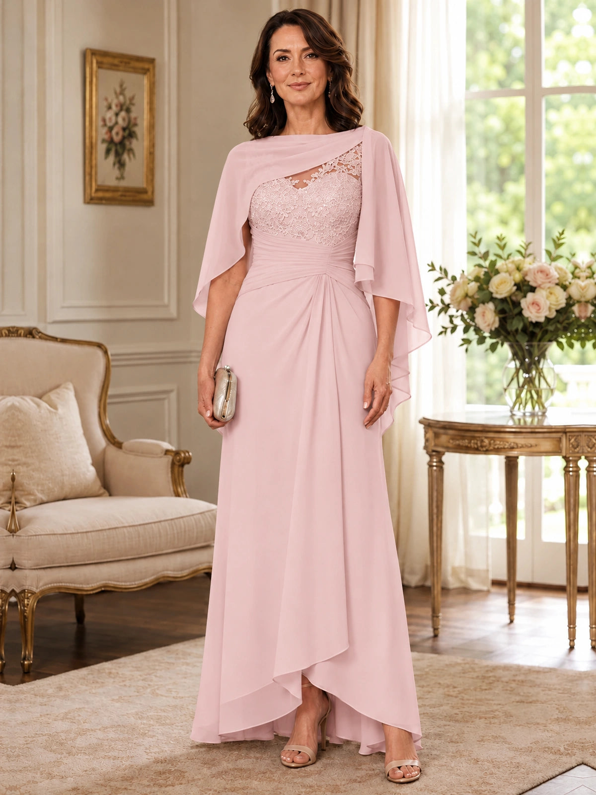 Elegant Chiffon Mother of the Bride Dress with Lace Applique and Cape Sleeves
