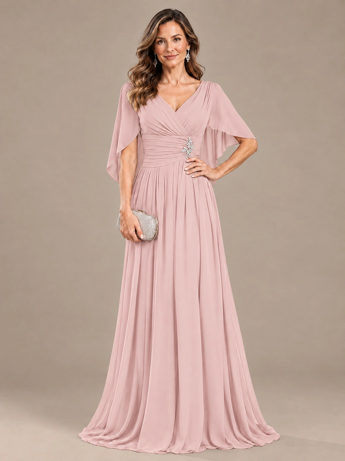 Ruched V Neck Mother of The Bride Dresses with Shawls Appliques and Cap Sleeves