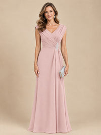 V Neck Pleated Mother of The Bride Dresses with Beading Cap Sleeves