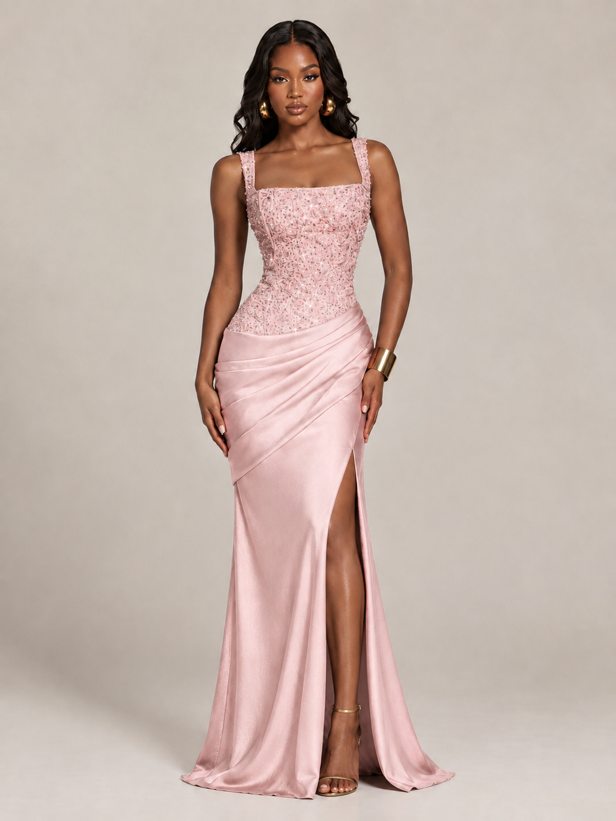 Scoop Neck Sequin Prom Dress with High Slit Satin Formal Gowns