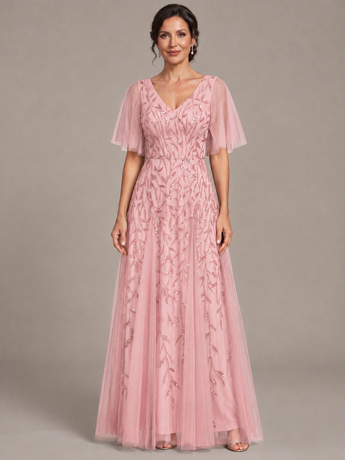 Blush Pink V-Neck Sequin Tulle Mother of the Bride Dress with Flutter Sleeve A-line Evening Formal Wedding Guest Dress
