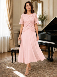 Tea-Length Chiffon Mother of the Bride Dress with Sequin Lace Sleeves