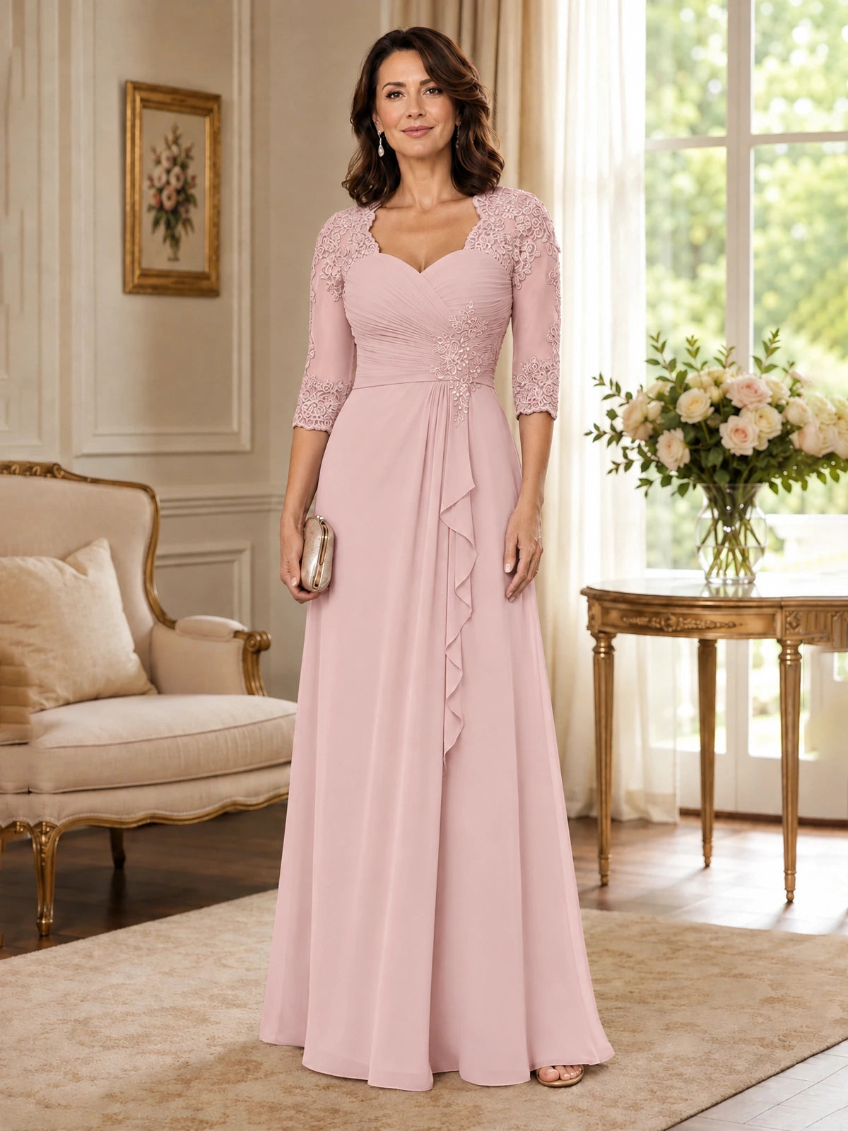 Chiffon Lace Applique Mother of the Bride Dress with 3/4 Sleeves