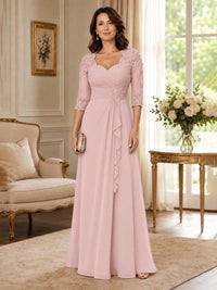Chiffon Lace Applique Mother of the Bride Dress with 3/4 Sleeves