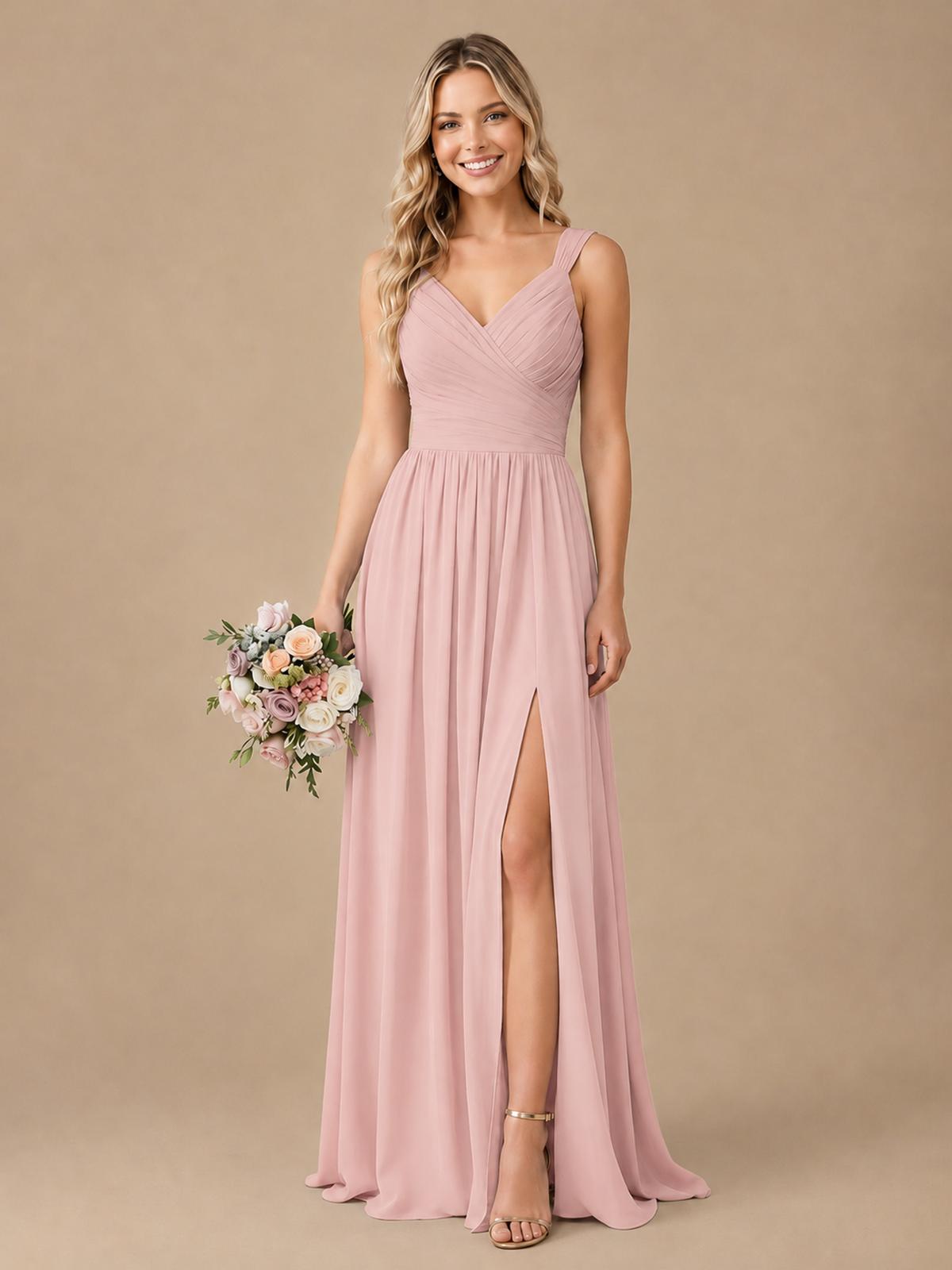 Pleated Chiffon V Neck Wedding Bridesmaid Dresses Floor Length with Slit