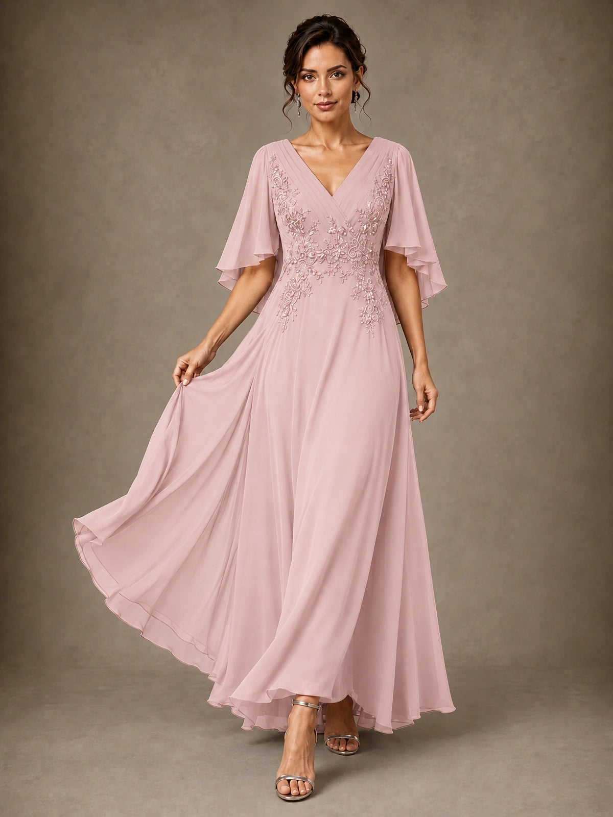 V-Neck Chiffon Lace Mother of the Bride Dress with Flutter Sleeves