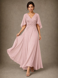 V-Neck Chiffon Lace Mother of the Bride Dress with Flutter Sleeves
