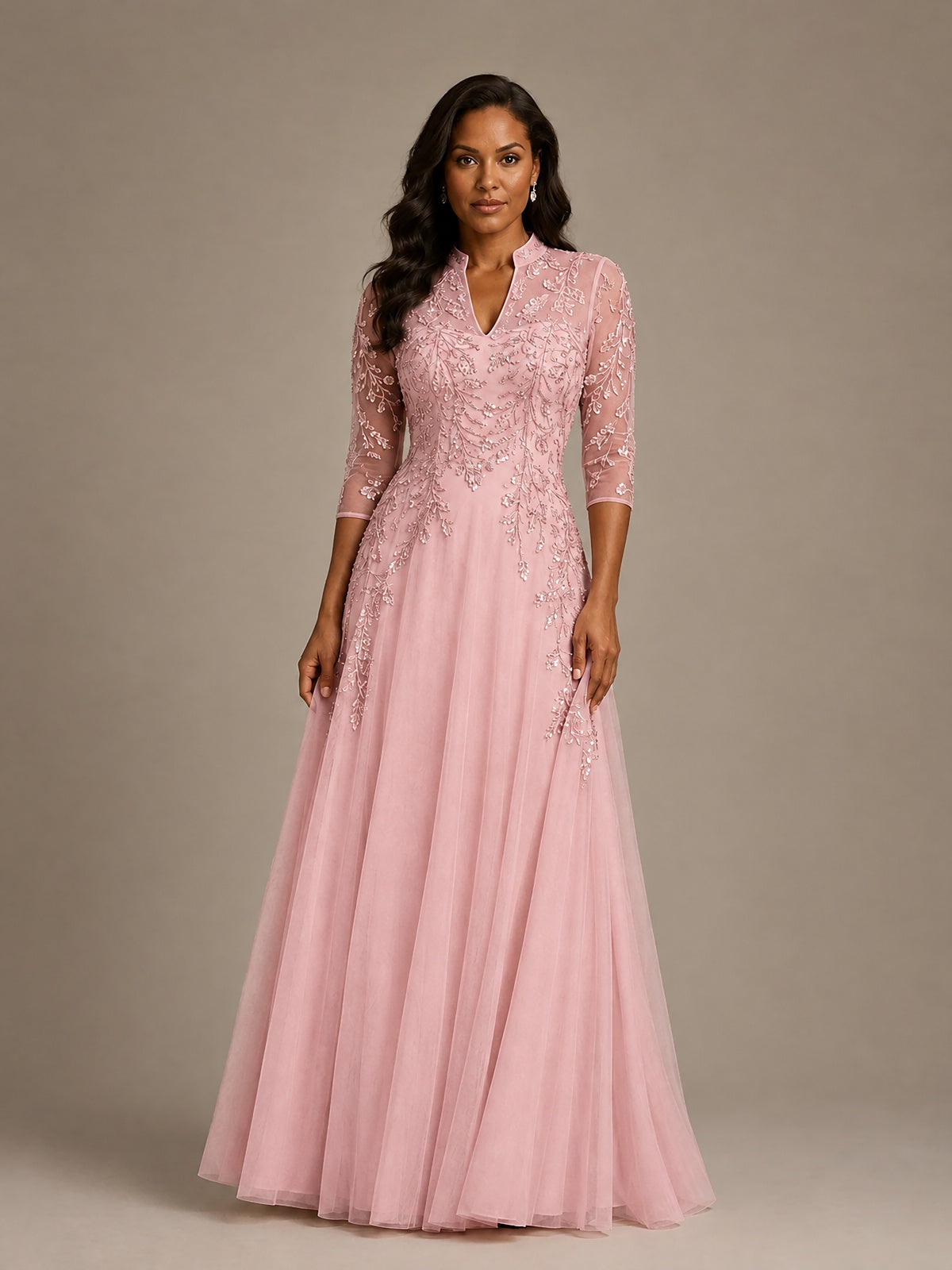 Embellished Appliques Mother of the Bride Dress with 3/4 Sleeves