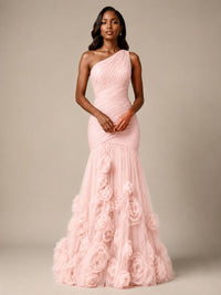Blush Pink One Shoulder 3D Floral Mermaid Prom Dress