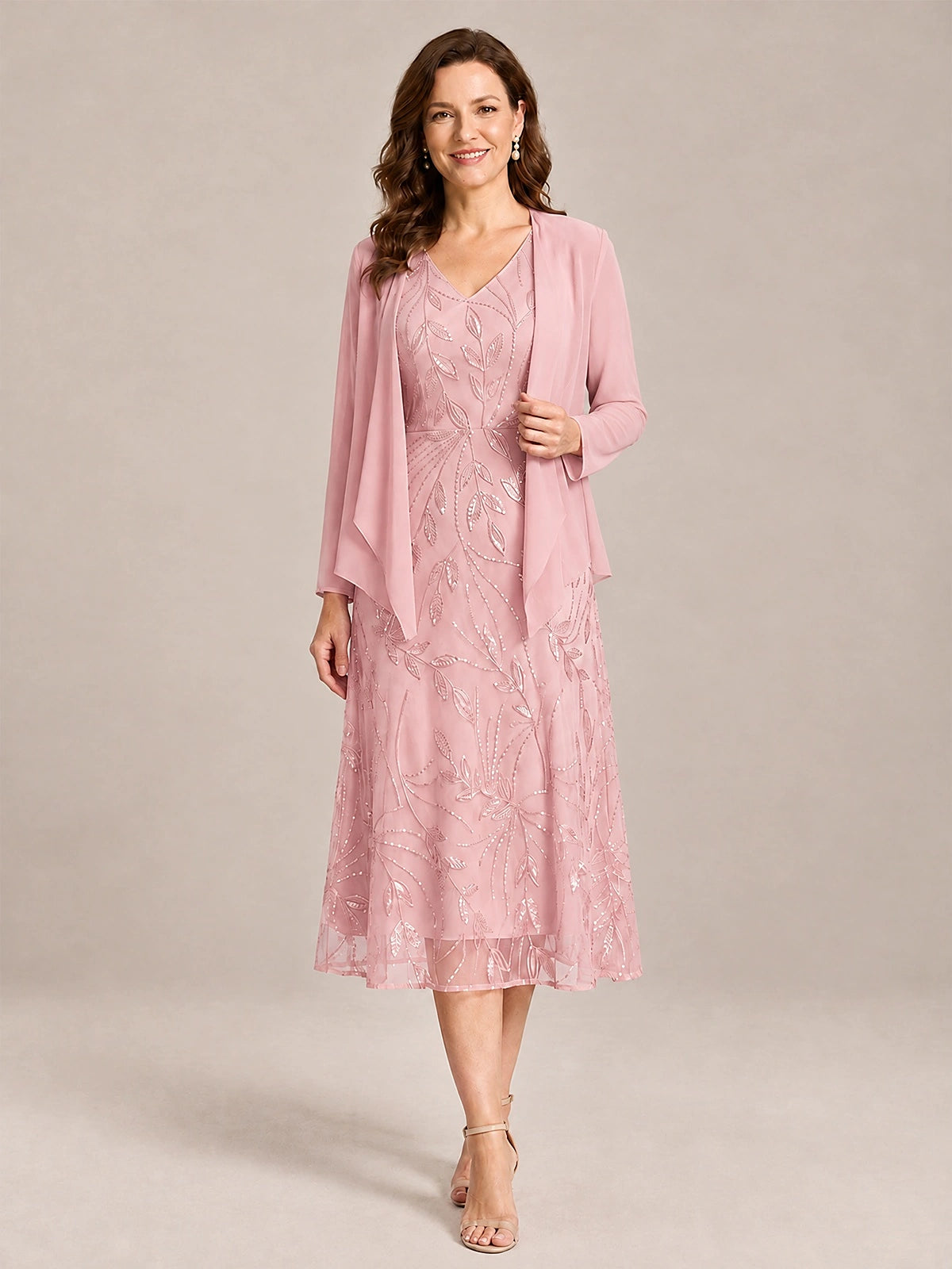 Blush Pink-2 Piece Lace Appliques Chiffon Mother of The Bride Dress with Sequin
