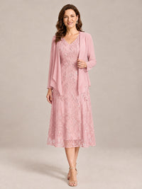 Blush Pink-2 Piece Lace Appliques Chiffon Mother of The Bride Dress with Sequin
