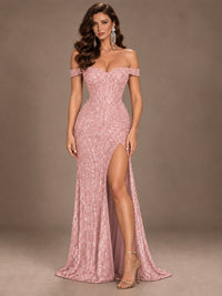 Off the Shoulder Corset Sequin Mermaid Prom Dress with Slit