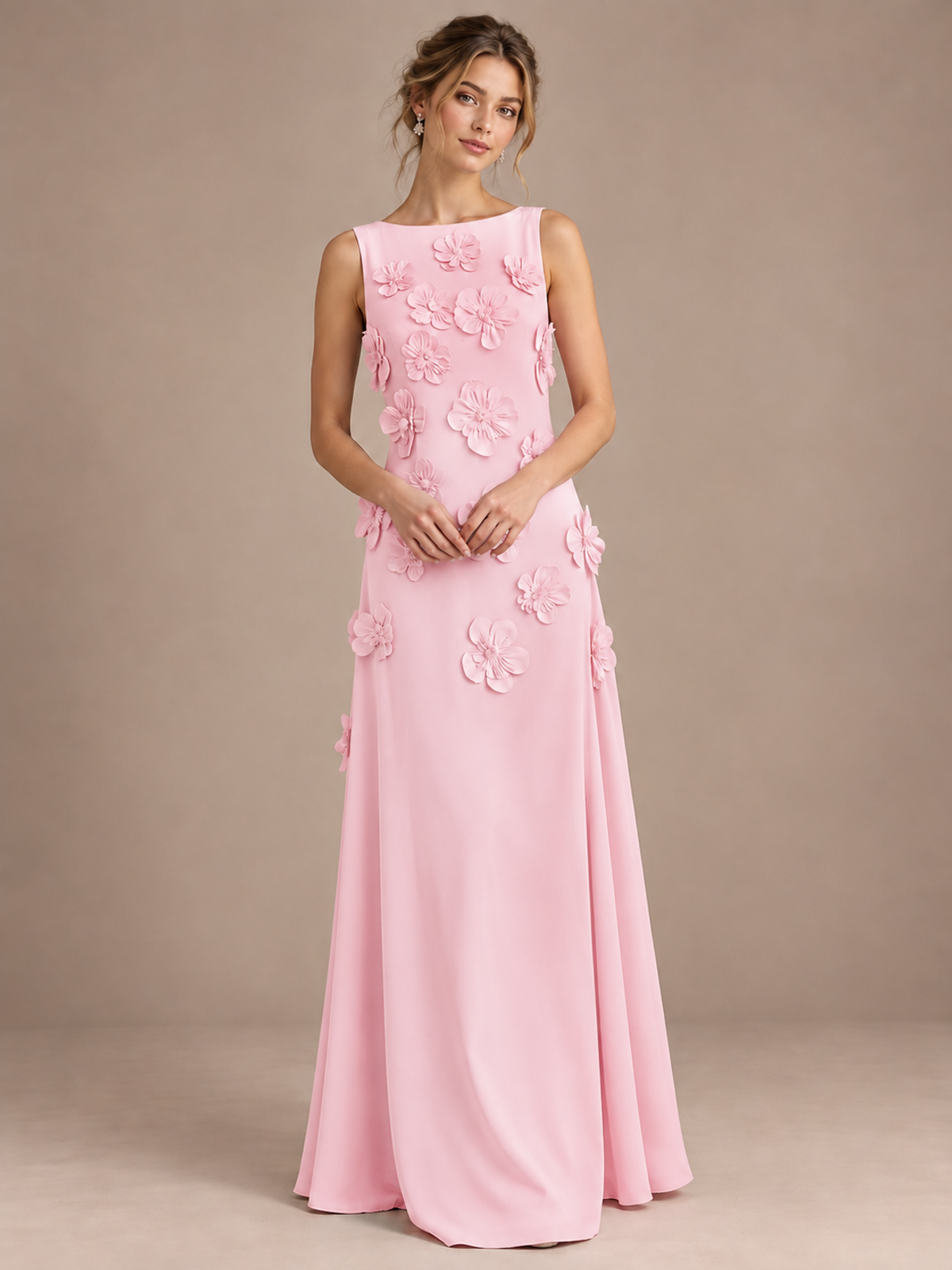 3D Floral Applique Sleeveless Formal Maxi Dress