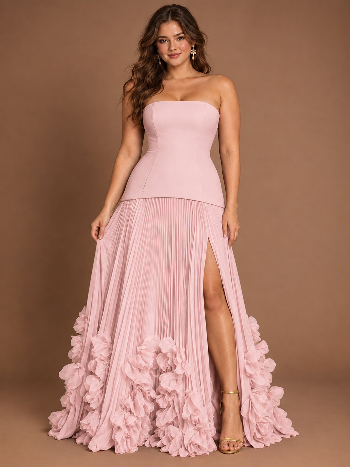 Strapless Pleated Floral Satin Formal Dress with Side Slit