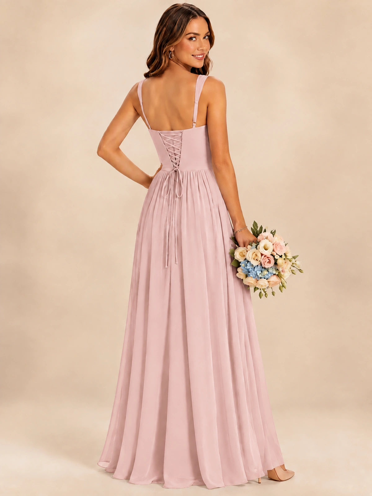 Spaghetti Straps Pleated Chiffon Bridesmaid Dress with Ruffle Slit