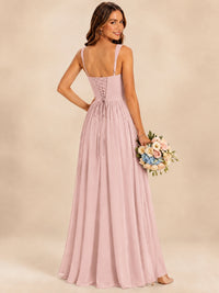 Spaghetti Straps Pleated Chiffon Bridesmaid Dress with Ruffle Slit
