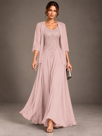 A-line 2 Pieces Chiffon Appliques Mother of The Bride Dresses with Jackets