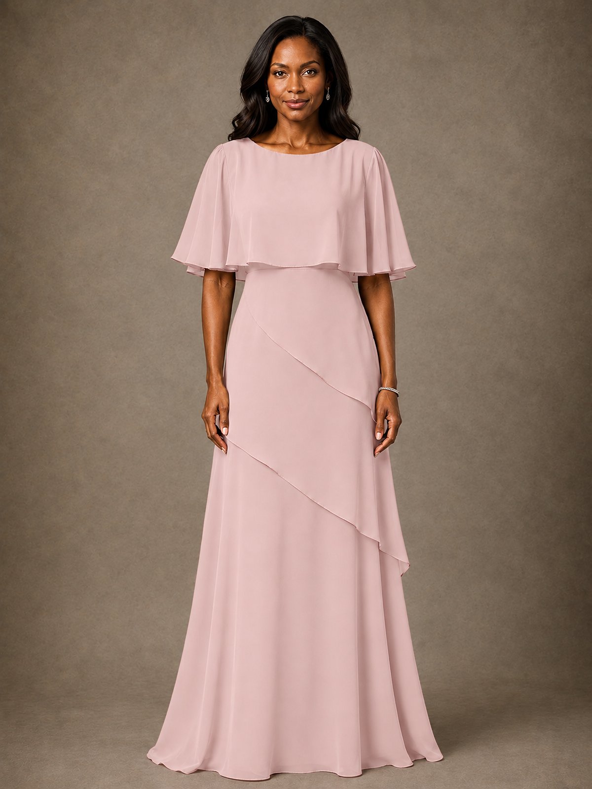 Taupe Chiffon A-Line Mother of the Bride Dress with Cape Sleeves