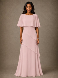 Taupe Chiffon A-Line Mother of the Bride Dress with Cape Sleeves