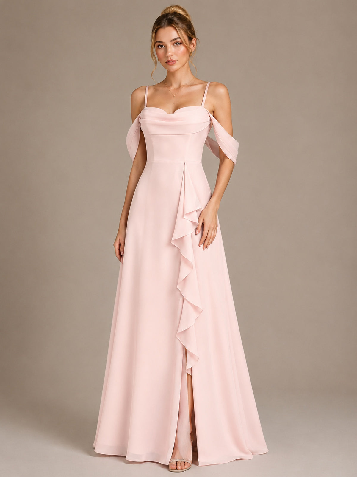 Spaghetti Strap Chiffon Bridesmaid Dress with Ruffles Slit