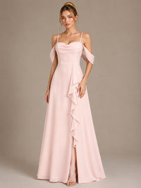 Spaghetti Strap Chiffon Bridesmaid Dress with Ruffles Slit