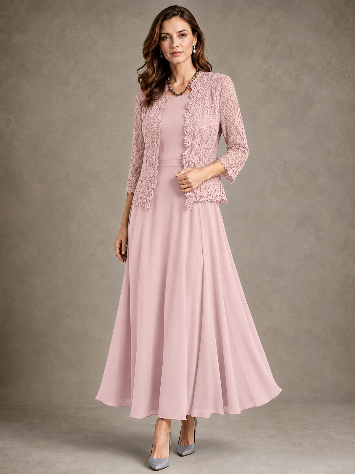 2-Piece Chiffon Mother of the Bride Dress with Lace Jacket