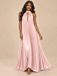 Rust Orange Pleated Halter Neck Maxi Dress