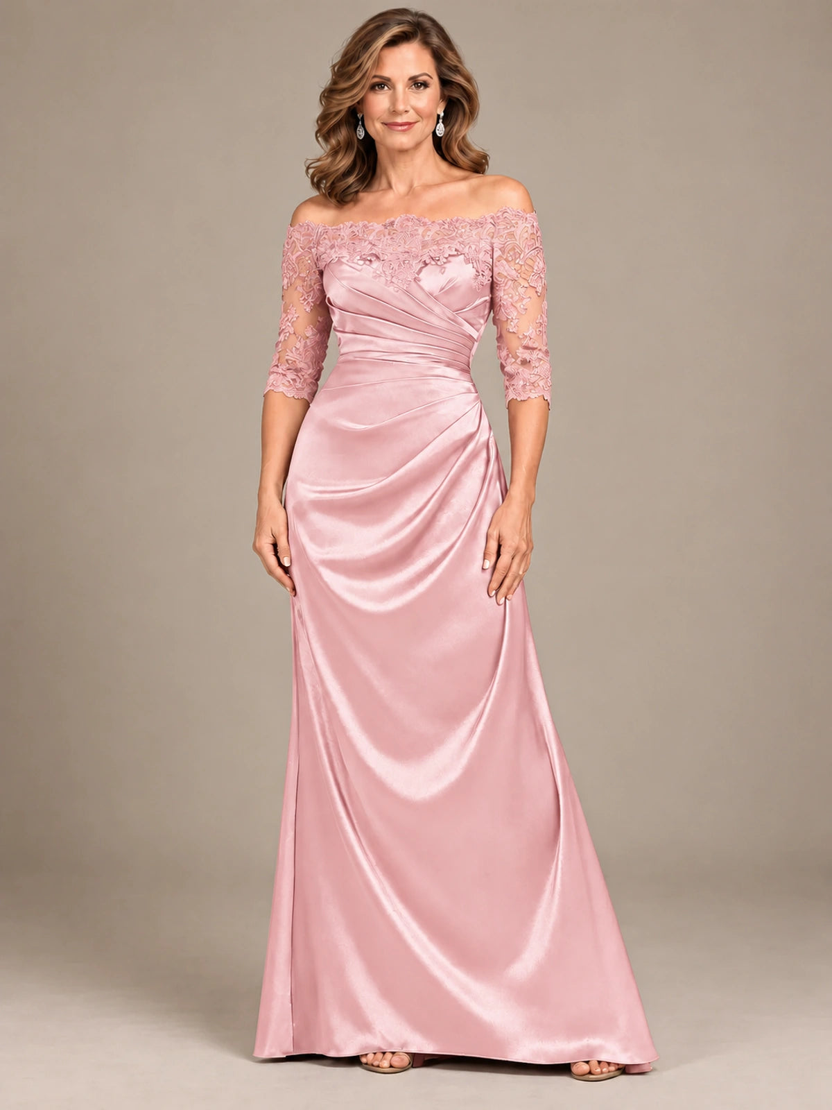 Satin Mother of the Bride Dress with Lace Sleeves Off Shoulder Formal Gown