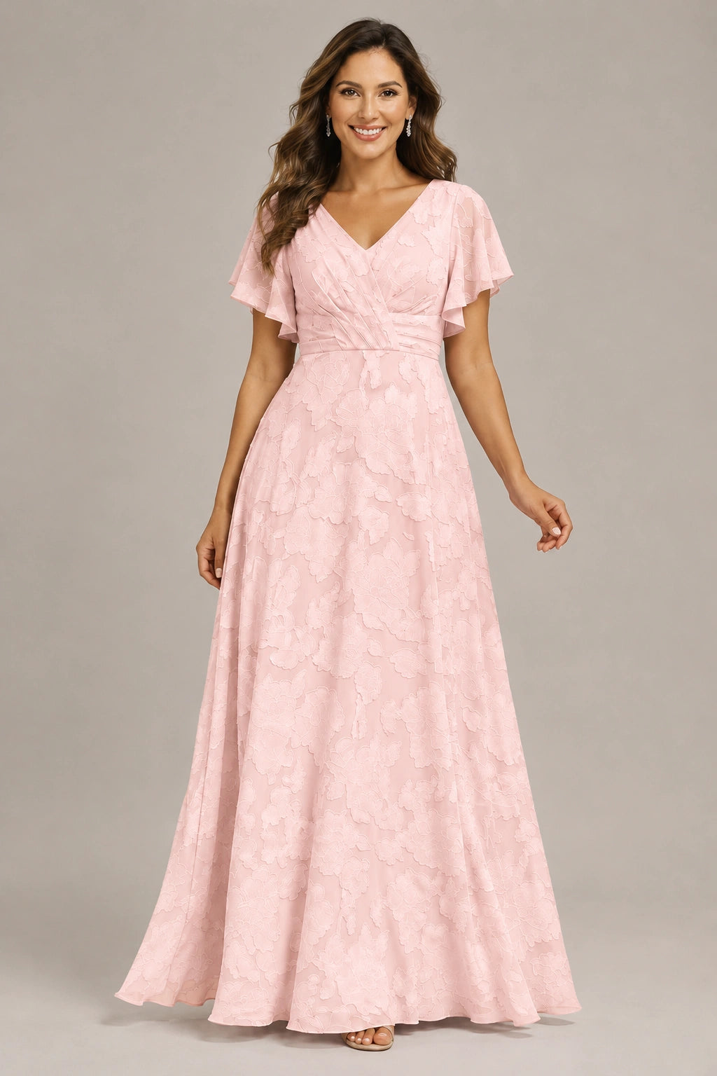 Jovellee Floral Chiffon A-Line Mother of the Bride Dress with Flutter Sleeves