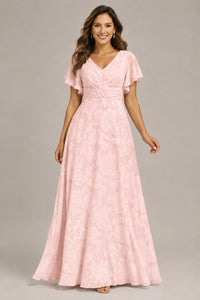 Jovellee Floral Chiffon A-Line Mother of the Bride Dress with Flutter Sleeves