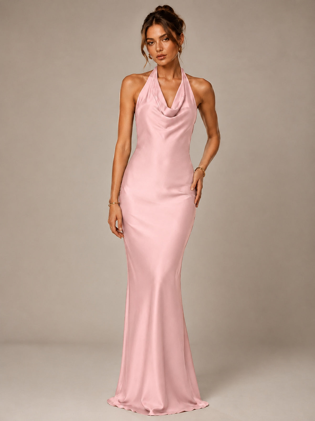 Olive Green Halter Satin Mermaid Maxi Dress
