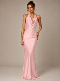 Olive Green Halter Satin Mermaid Maxi Dress