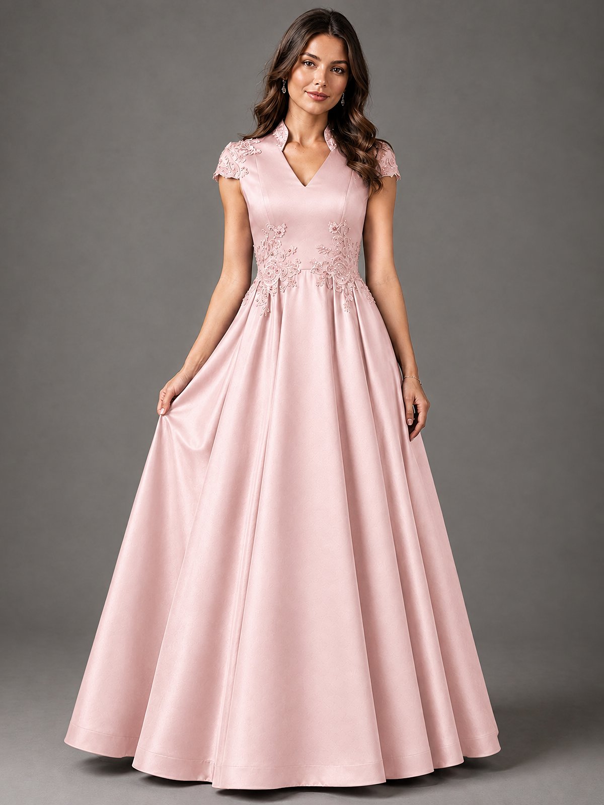 Lace Appliqué A-Line Satin Maxi Dress