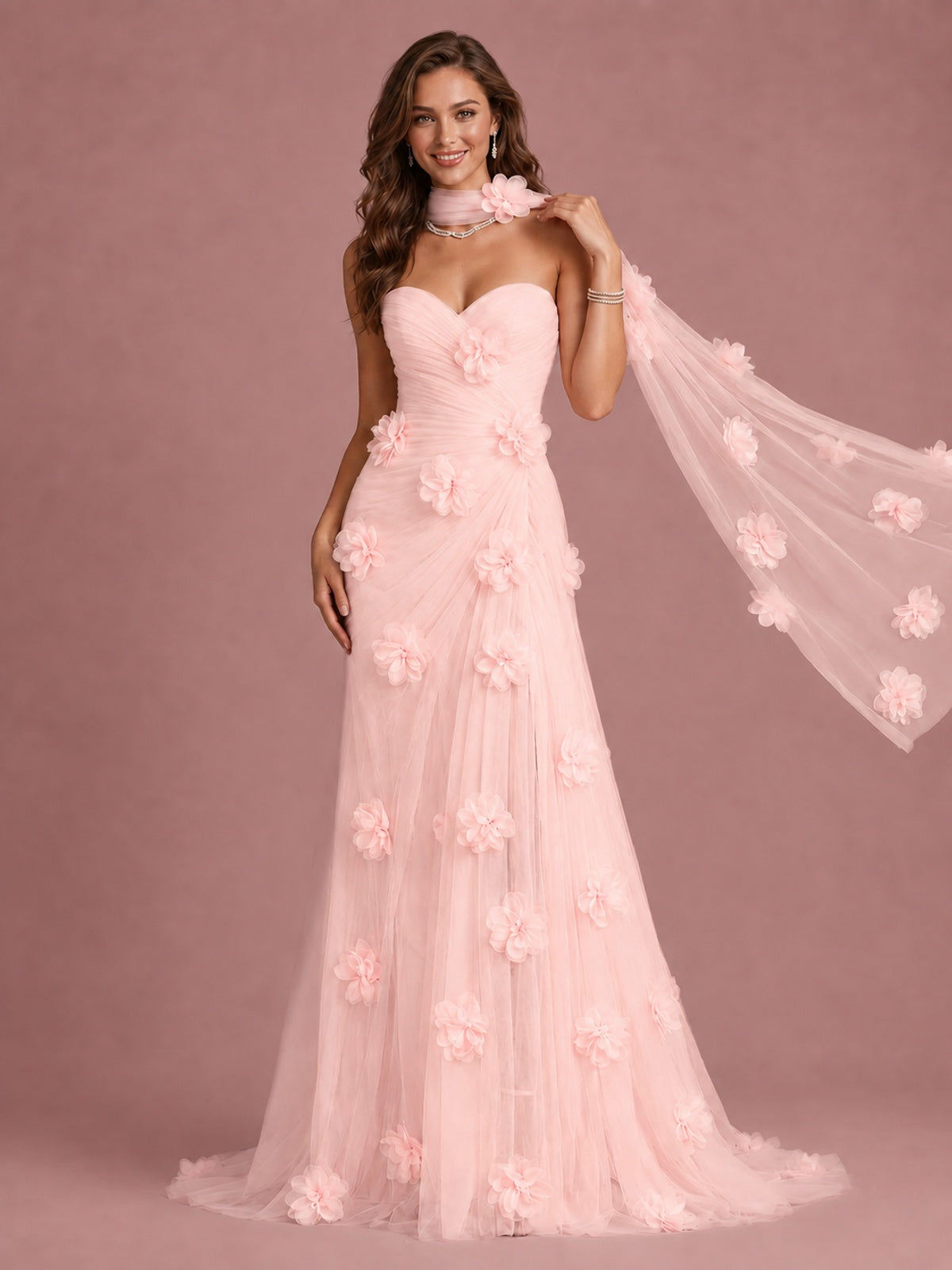 Blush Pink Strapless Sweetheart 3D Floral Tulle Mermaid Prom Dress