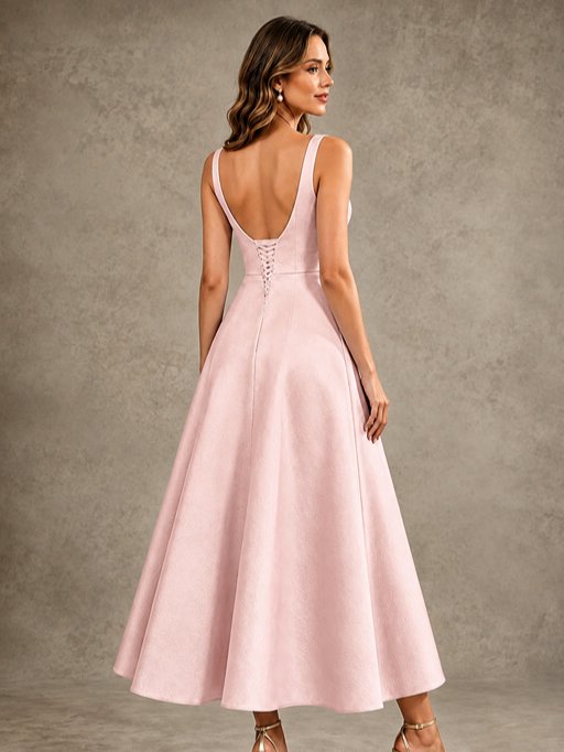 Tea-Length Satin Mother of the Bride Dress with 3D Flower Detail