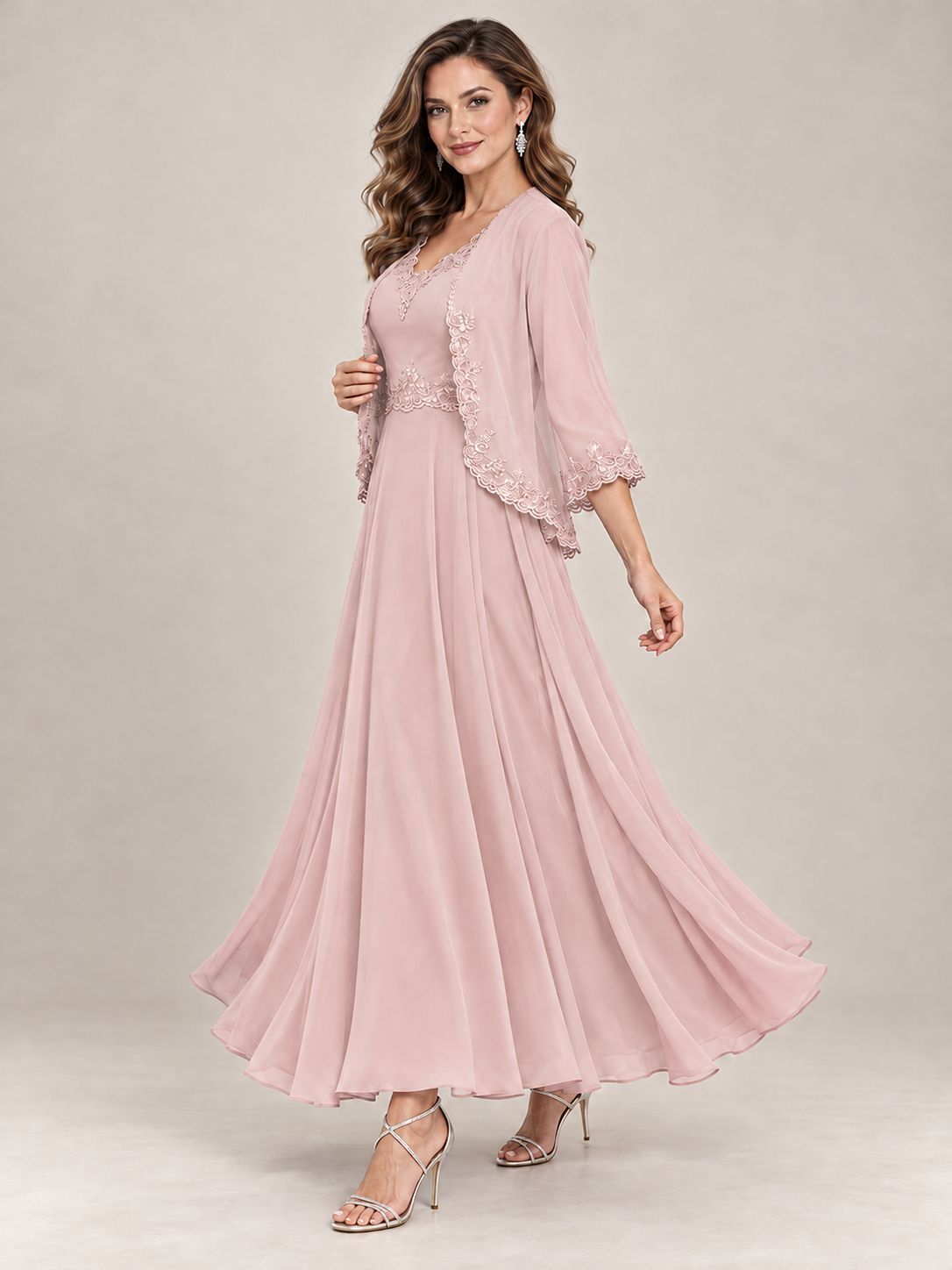 Dusty Blue Floral Lace Chiffon Mother of the Bride Dress with Jacket