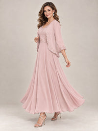 Dusty Blue Floral Lace Chiffon Mother of the Bride Dress with Jacket