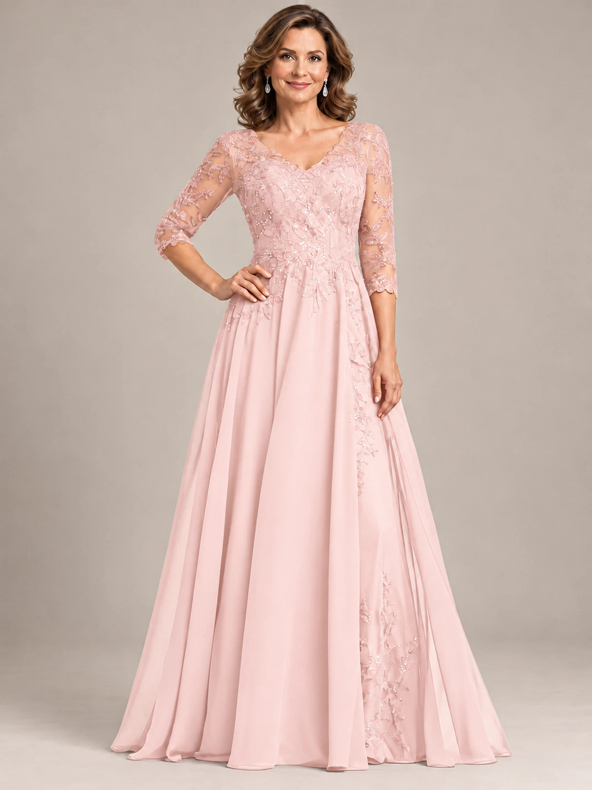 Sequin Lace A-Line Mother of the Bride Dress with 3/4 Sleeves