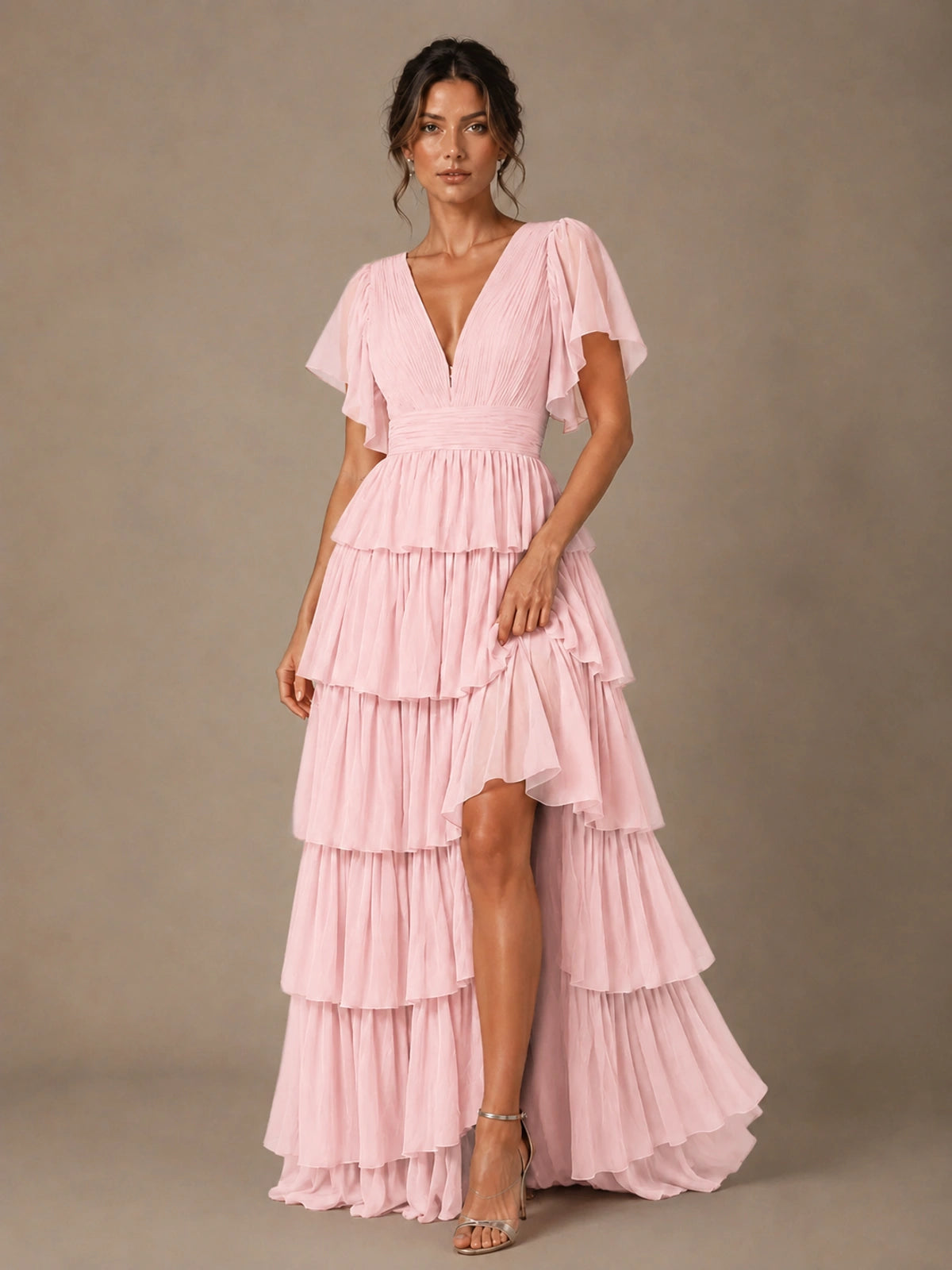 Chiffon V-Neck Tiered Ruffle Bridesmaid Dress with Slit