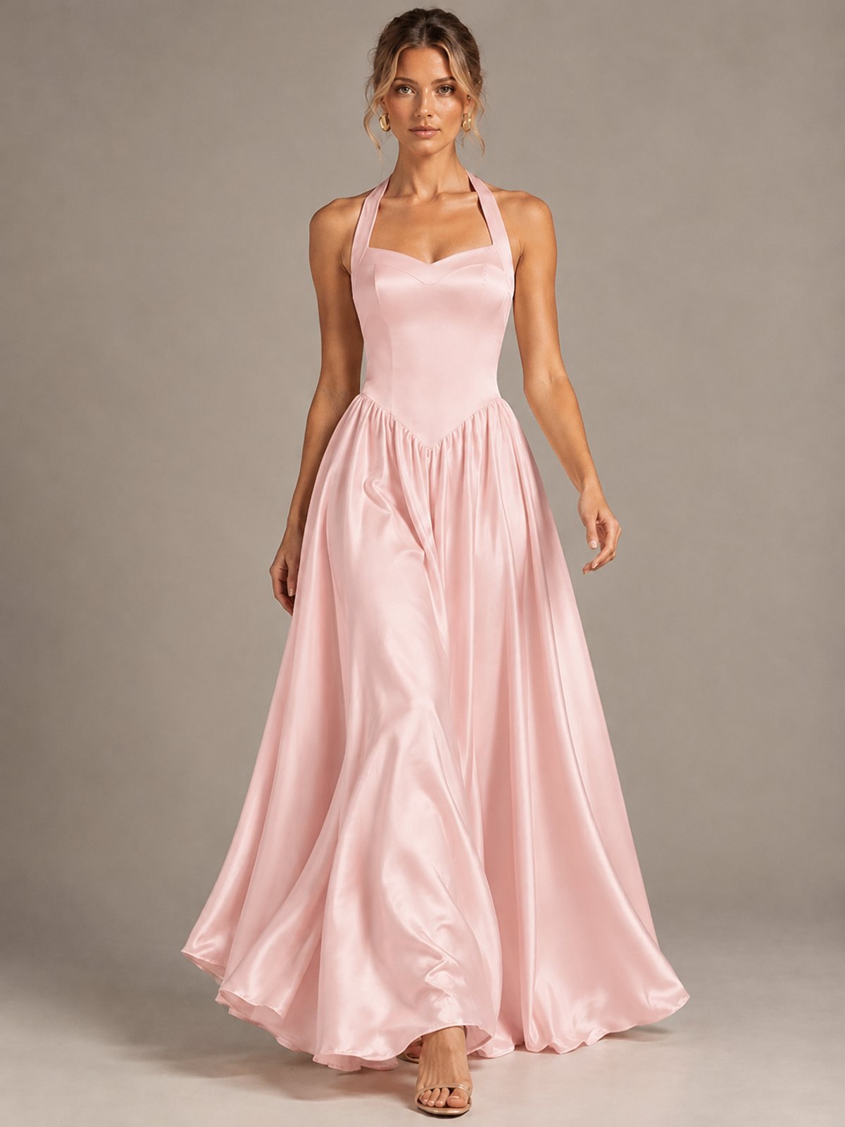 Light Yellow Halter Neck Satin A-Line Maxi Dress with Pockets