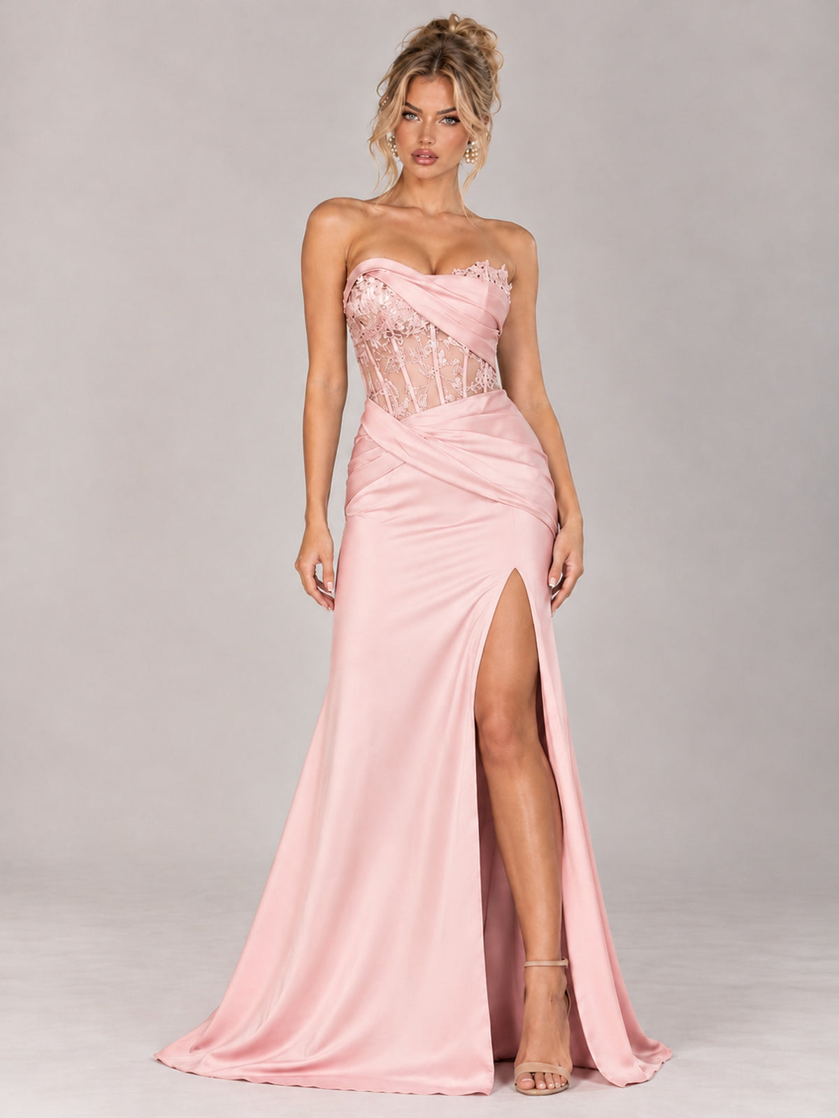 Strapless Satin Prom Dress with Sheer Lace Corset & High Slit
